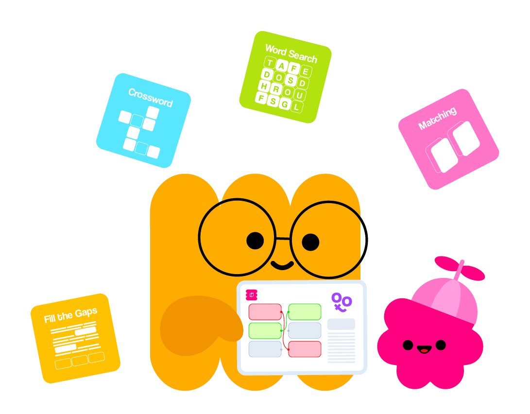 ToolsEdu mascots surrounded by Crossword, Word Search, Matching and Fill the Gaps activity cards